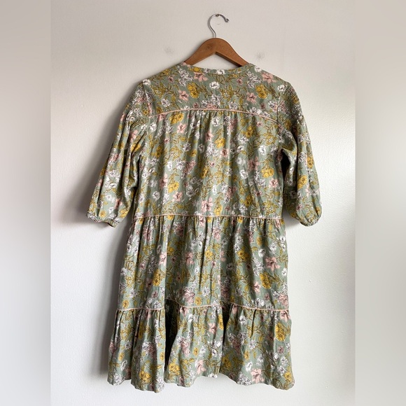 Cynthia Rowley Linen Babydoll Dress Puff Sleeves Floral Boho Green Pink Resort M - Picture 9 of 11